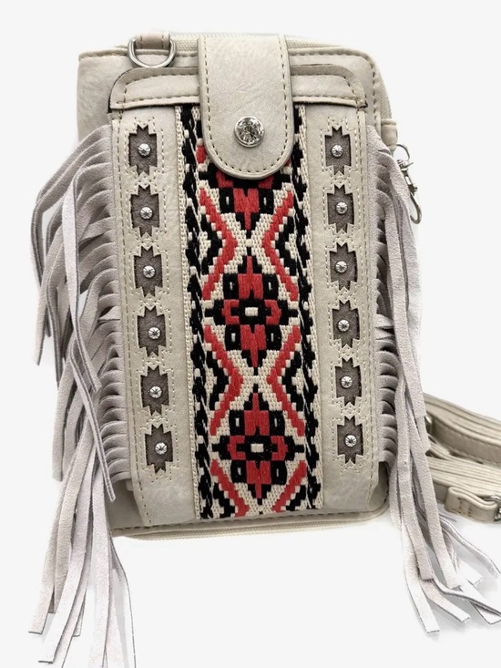 DCW Handbags - Boho Fringe Crossbody Bag in Light Gray with Red Aztec Panel